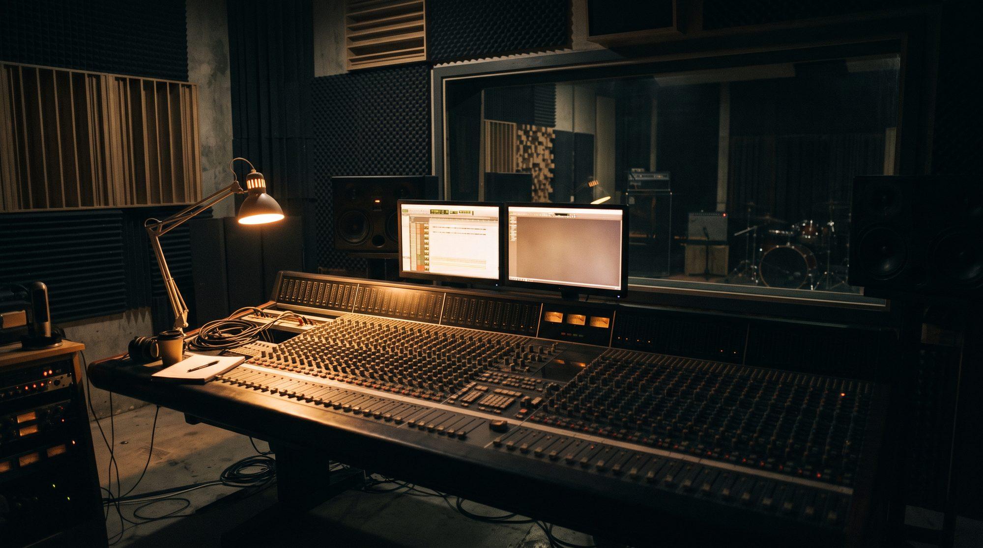 A recording studio control room at night, seen from behind an unlit mixing console.