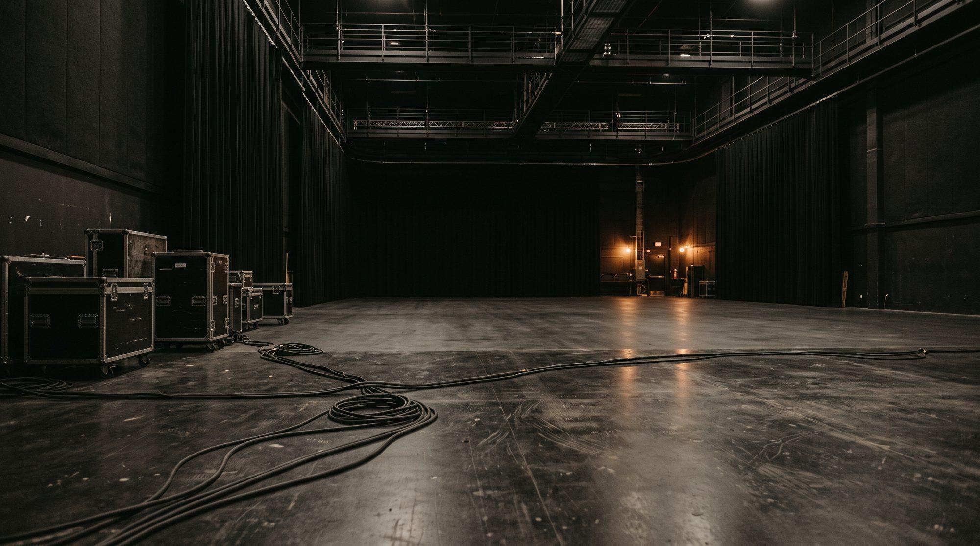 An empty film soundstage at night, cable runs and flight cases on the floor under a darkened lighting grid.