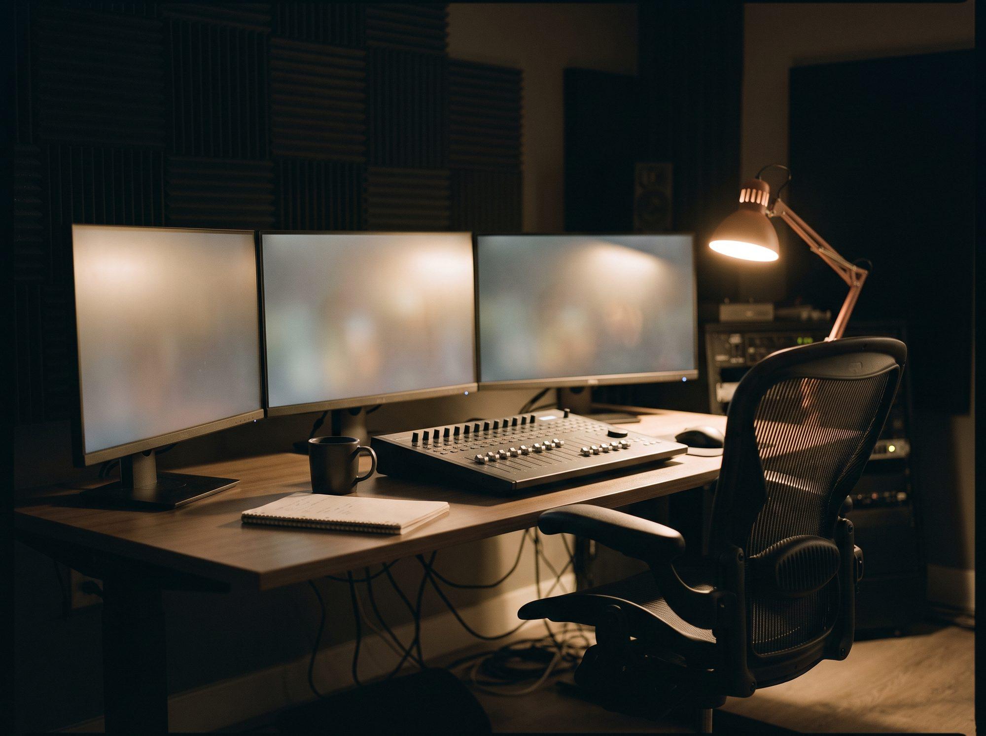 An empty edit suite at night, monitors glowing above an unmarked control surface and a notebook.