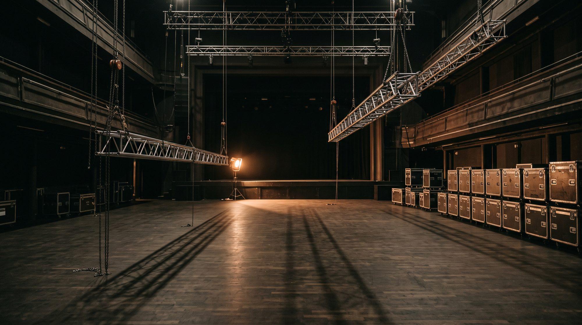 A live venue during load-in, truss flown overhead and road cases stacked along the wall.